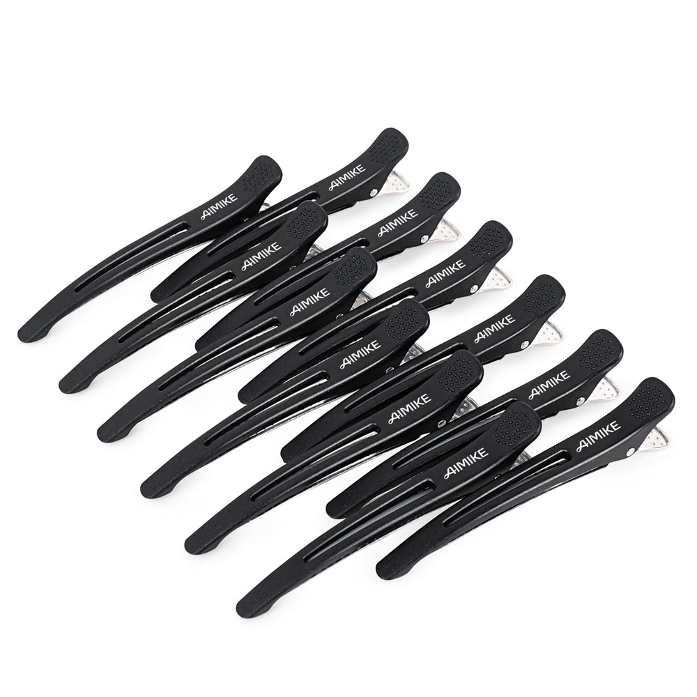 AIMIKE front view of 12 black duckbill clips showing neat packaging and quantity benefit