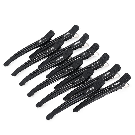 AIMIKE front view of 12 black duckbill clips showing neat packaging and quantity benefit