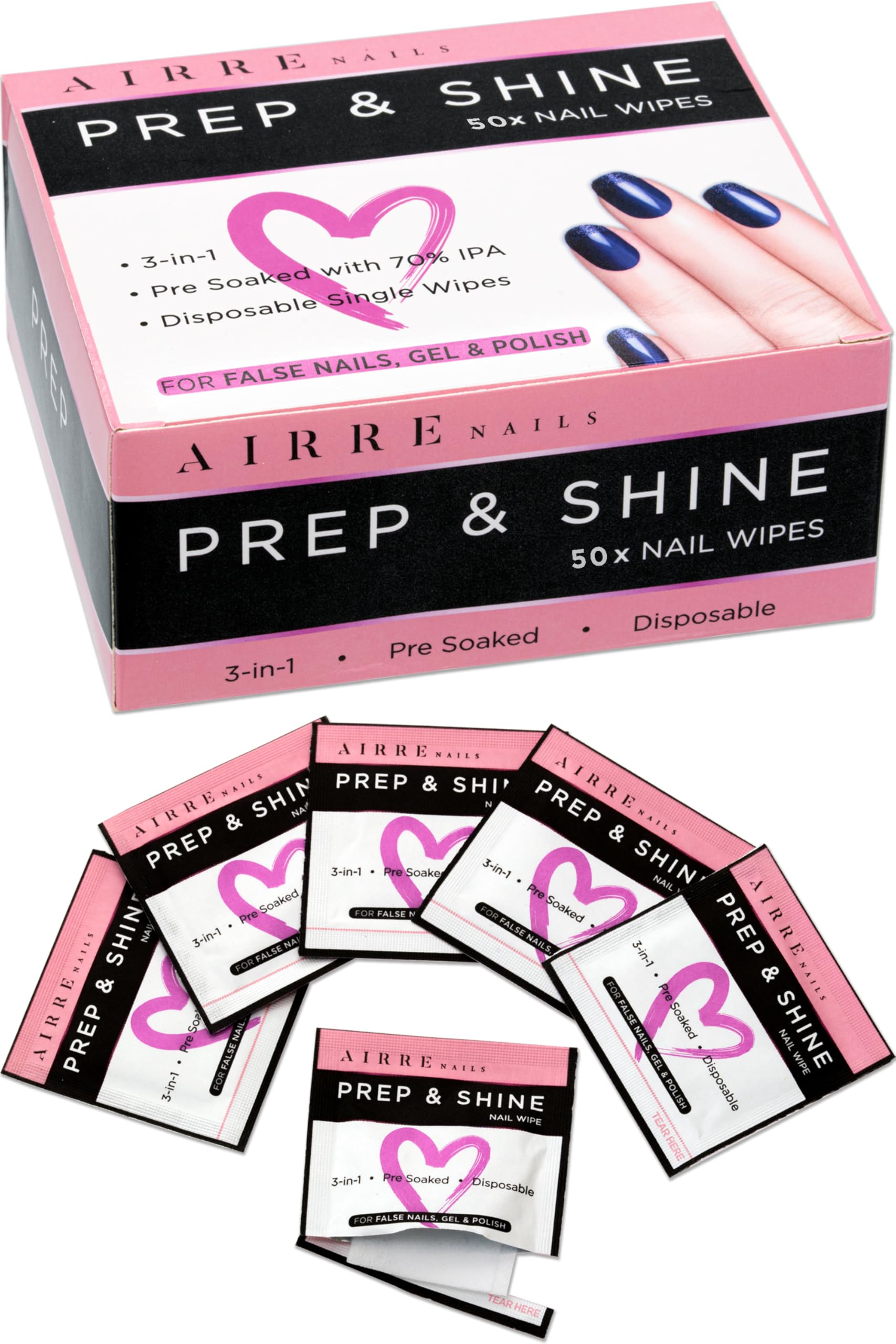 AIRRE NAILS front packaging showing 50 prep & wipe pads and clear product benefit