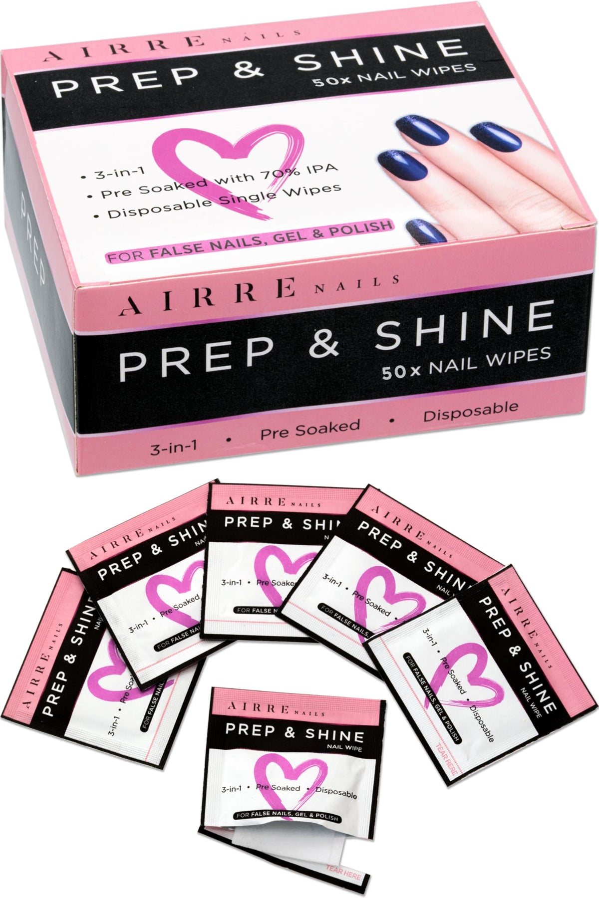 AIRRE NAILS front packaging showing 50 prep & wipe pads and clear product benefit