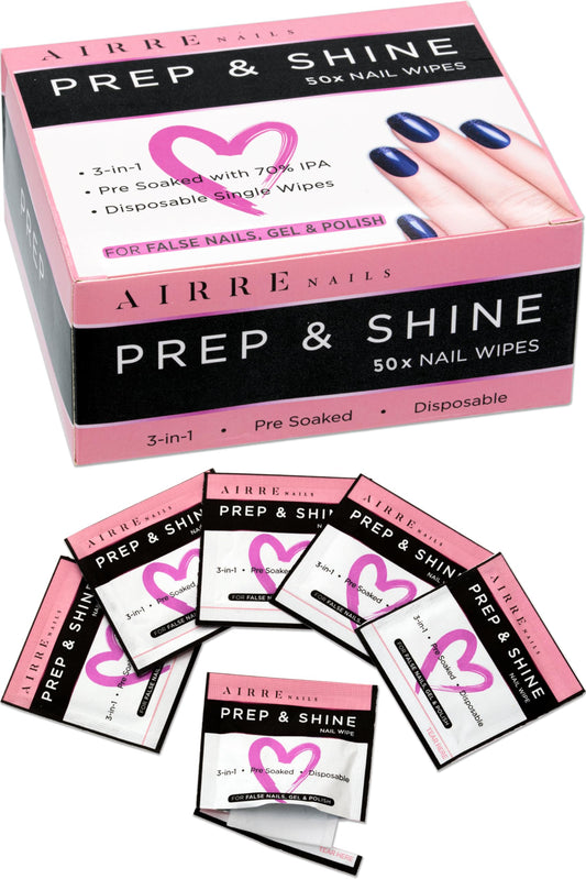 AIRRE NAILS front packaging showing 50 prep & wipe pads and clear product benefit
