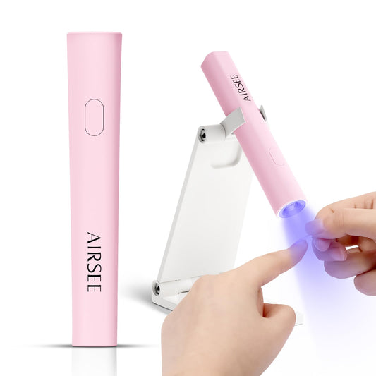 AIRSEE pink lamp front view showing controls and compact benefit