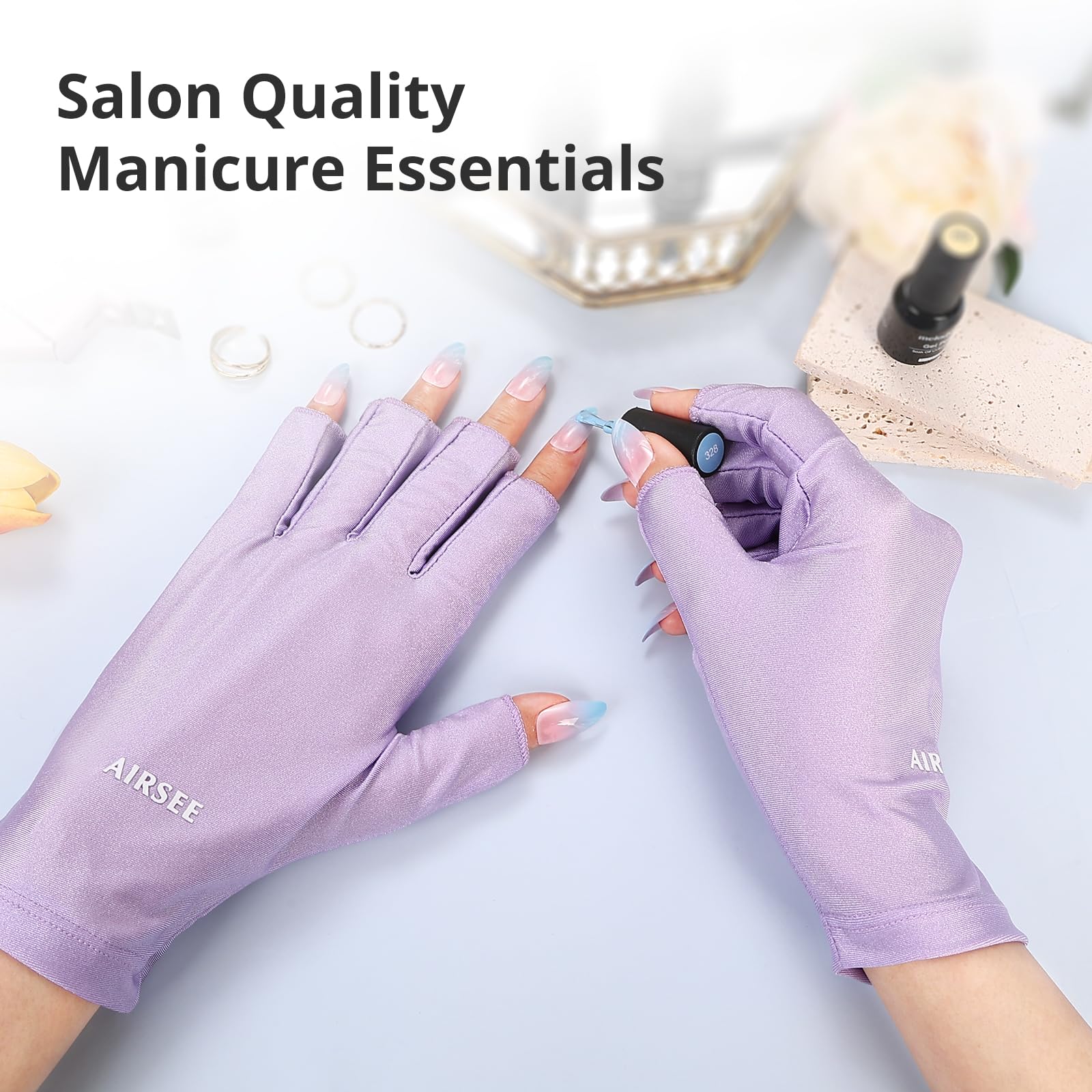 AIRSEE gloves in use under a nail lamp protecting skin during curing