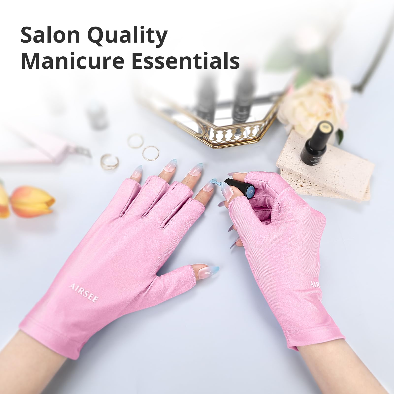 AIRSEE gloves next to a hand measuring fit and size versatility benefit