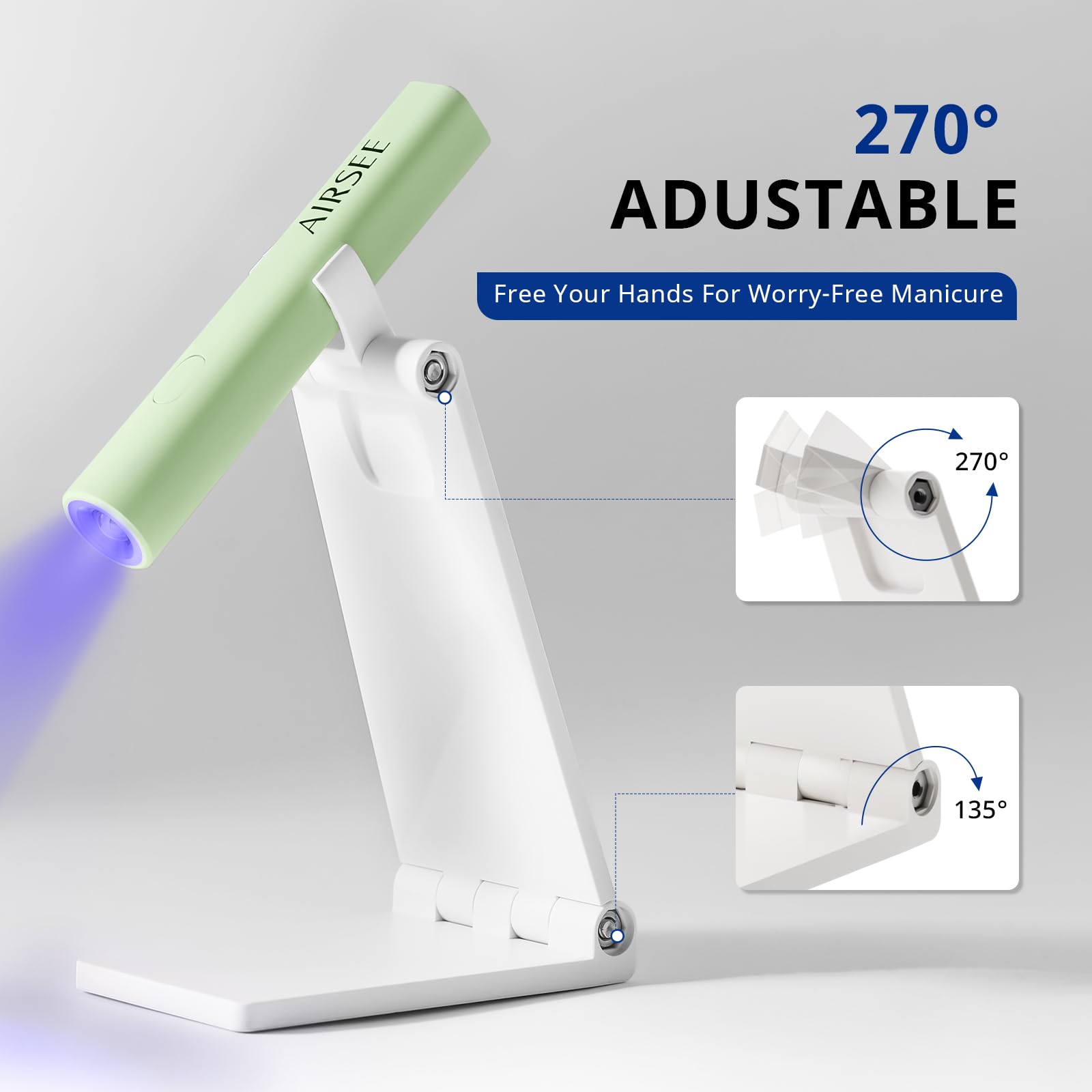 AIRSEE lamp held in hand to show scale and portability for on-the-go use