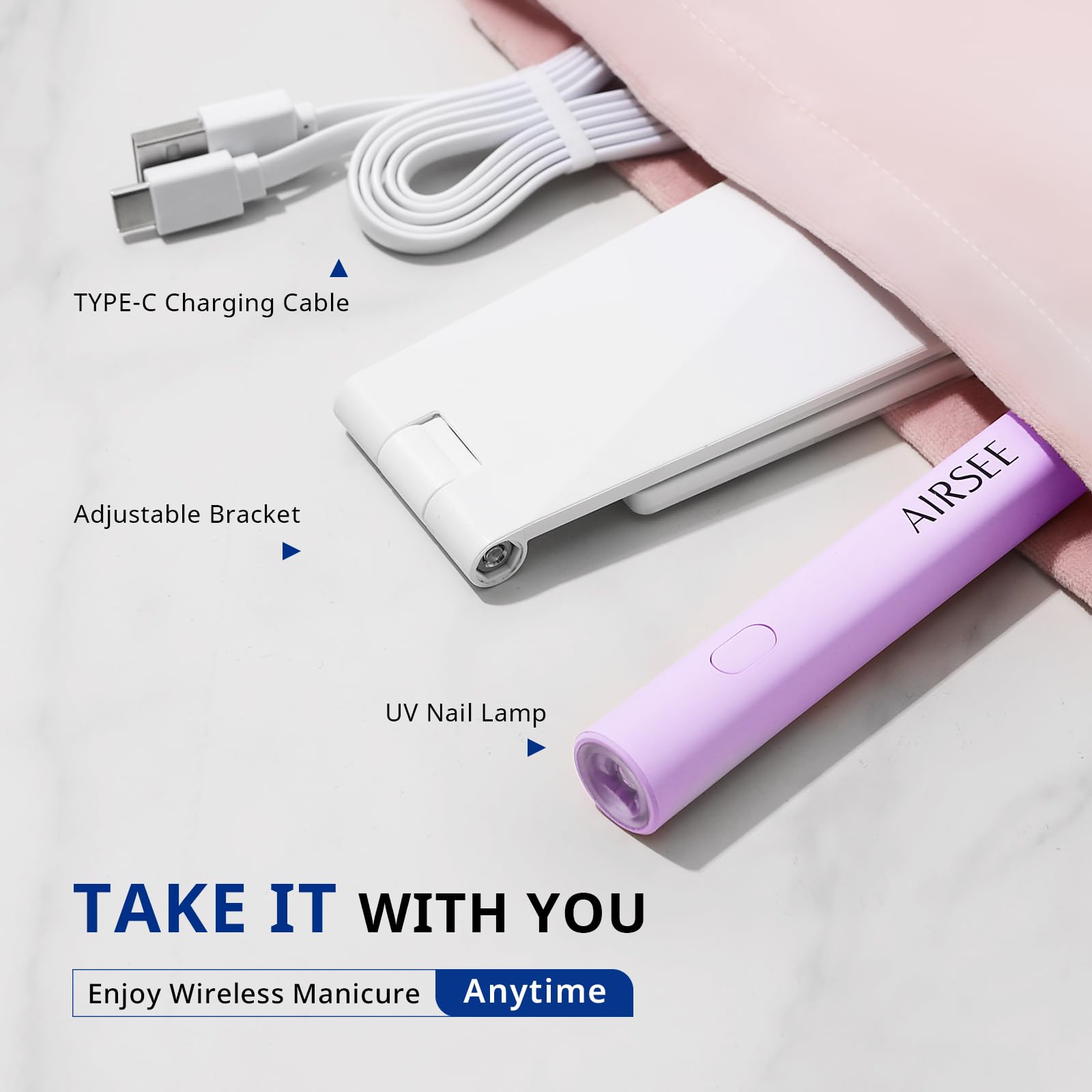 AIRSEE USB charging connection showing cable plugged in benefit on-the-go recharging