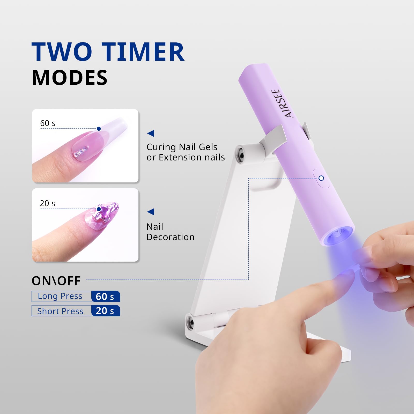 AIRSEE stand in use over nails offering hands-free curing benefit precise positioning