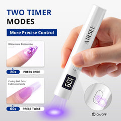 AIRSEE LCD display detail showing timer settings for precise curing