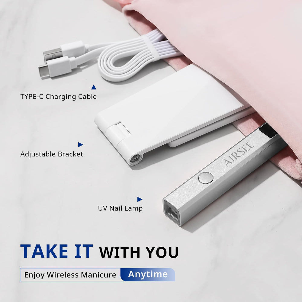 AIRSEE next to powerbank showing portable USB recharge convenience