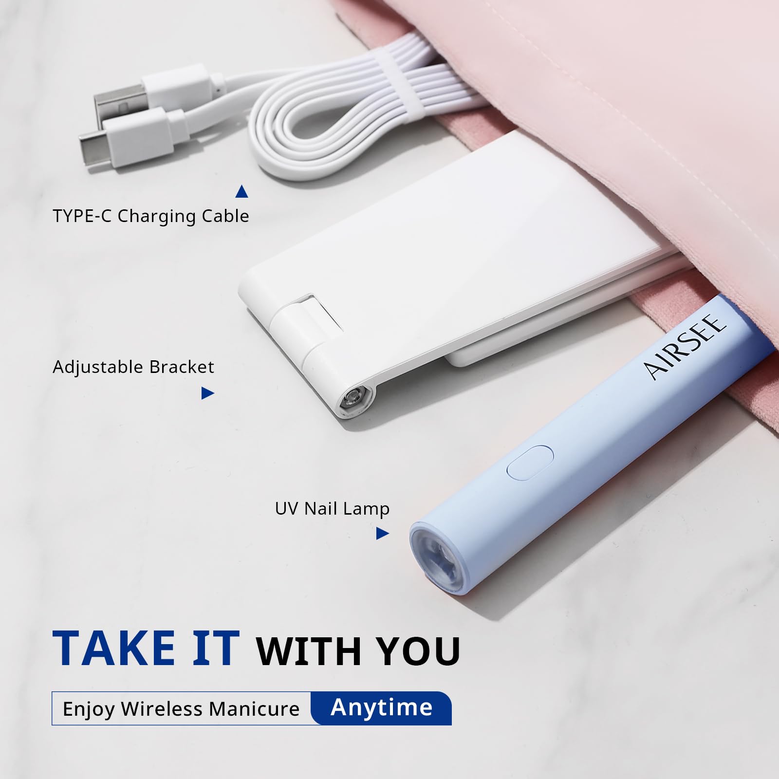 AIRSEE next to a hand for size comparison showing compact scale and easy portability