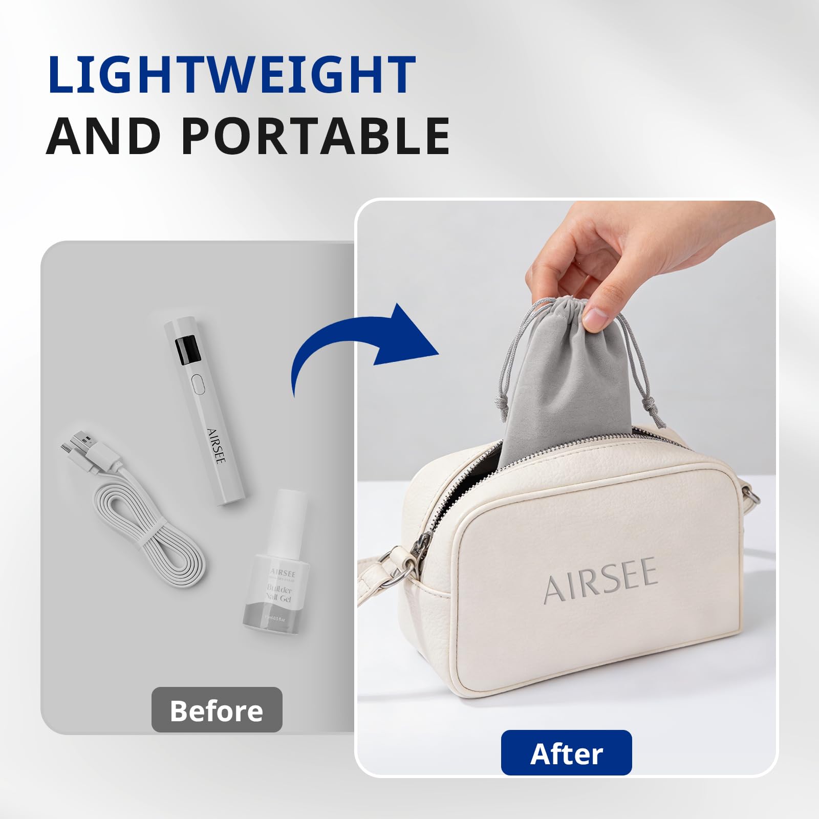 AIRSEE storage bag open with lamp and accessories organized for easy packing