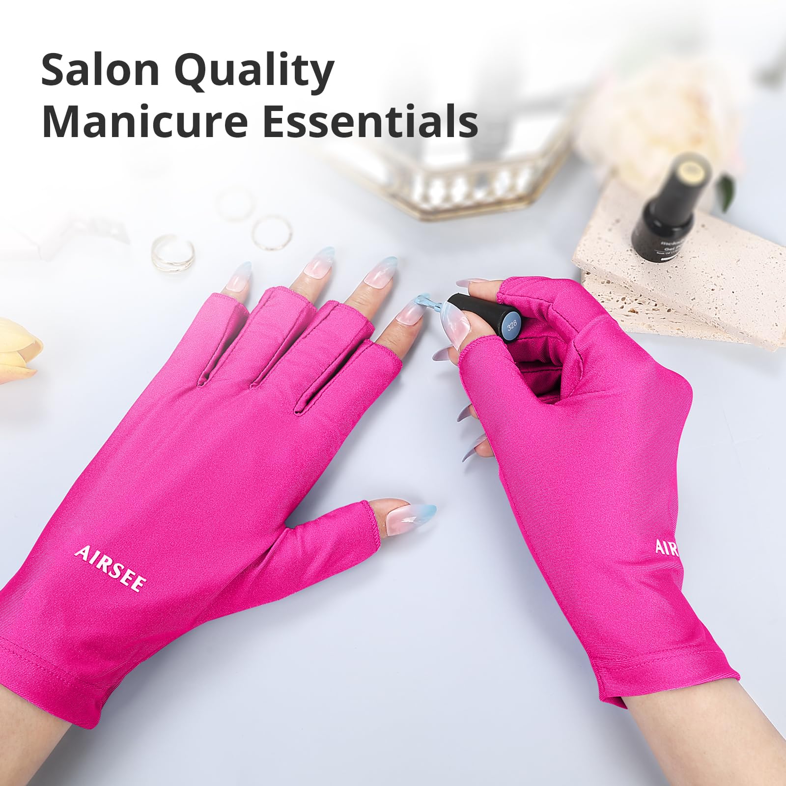 AIRSEE gloves in use under a nail lamp protecting hand skin benefit