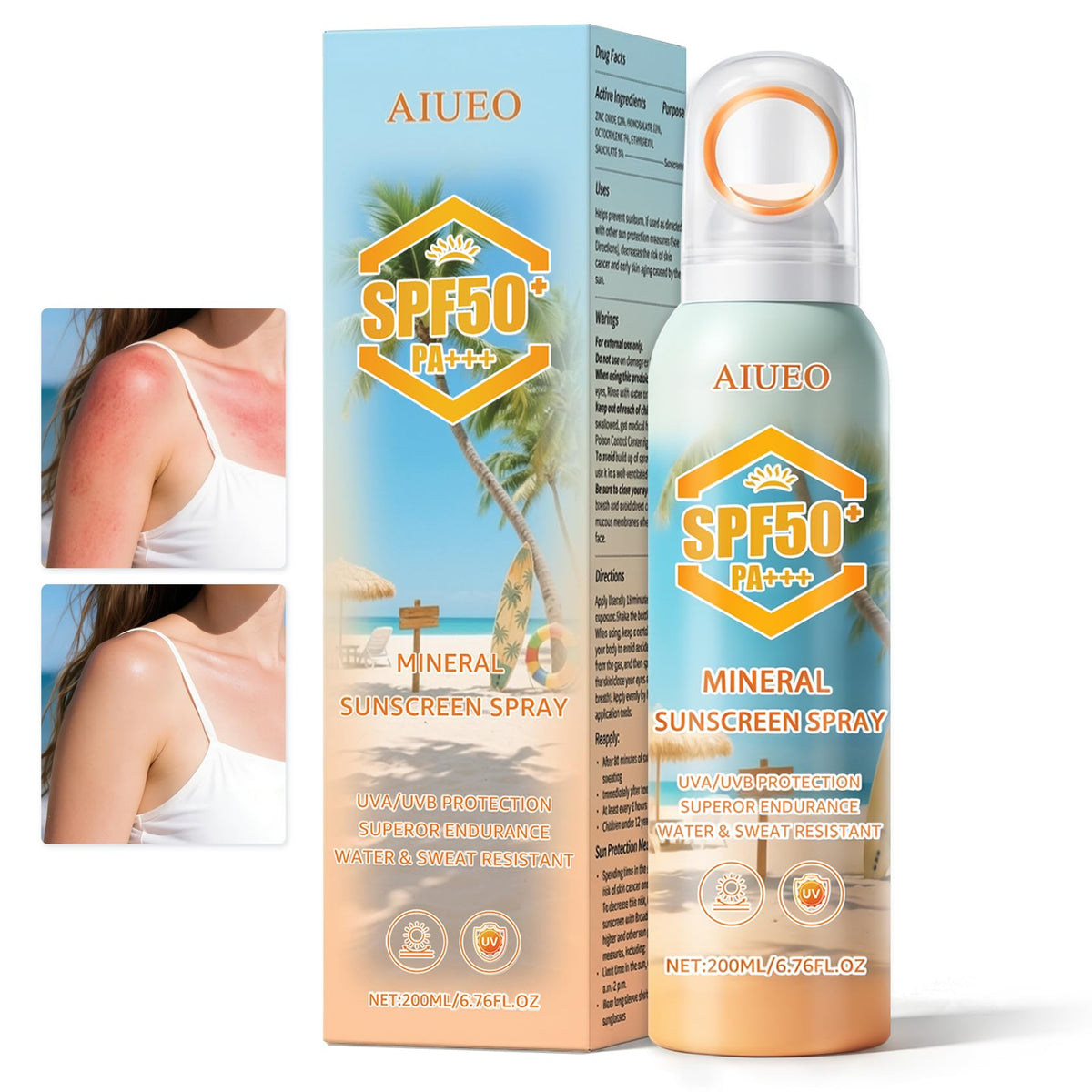 AIUEO front packaging showing SPF 50 benefits and bottle design