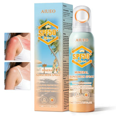 AIUEO front packaging showing SPF 50 benefits and bottle design