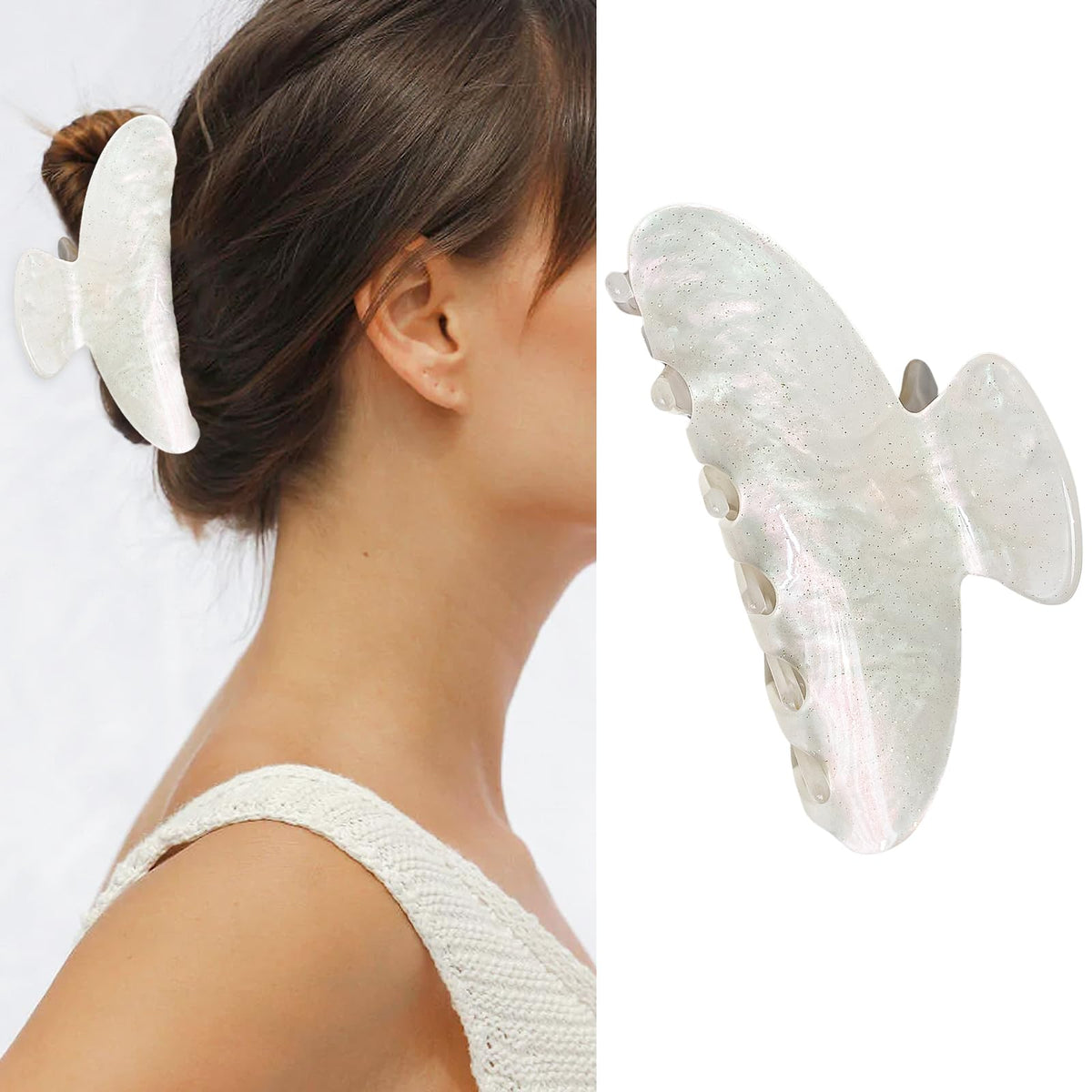 AIUPUOC front view of medium white hair claw showing elegant marble pattern and secure hold