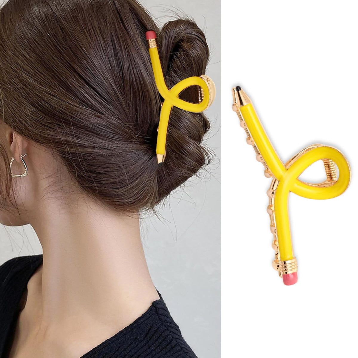 AIUPUOC yellow pencil hair clip front view showing playful design and secure hold