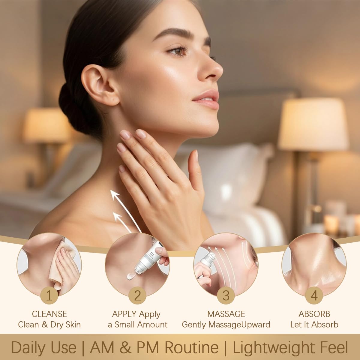 Aiwejay applying cream to neck with roller, illustrates even coverage