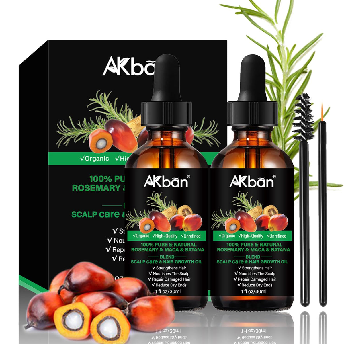 AKBAN batana glass dropper front packaging showing dual bottles and label benefits