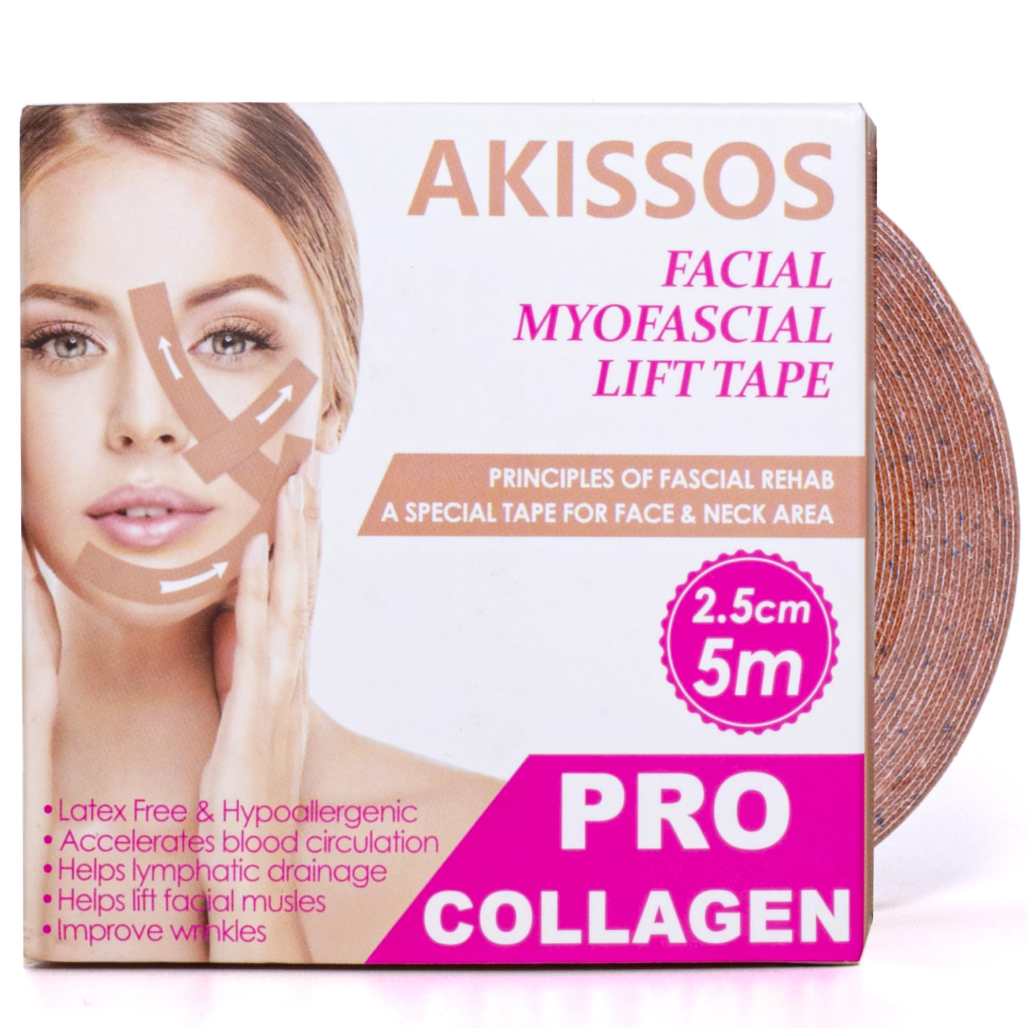 Akissos roll front view showing compact collagen face tape and convenience