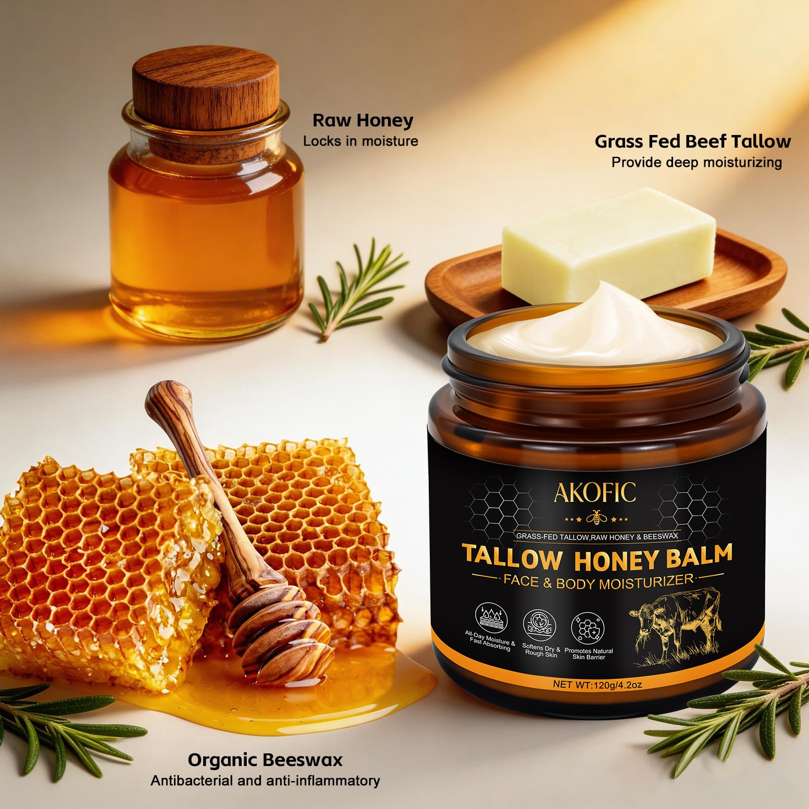 AKOFIC close-up of raw honey and beeswax highlighting natural ingredients