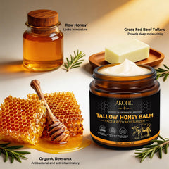 AKOFIC close-up of raw honey and beeswax highlighting natural ingredients