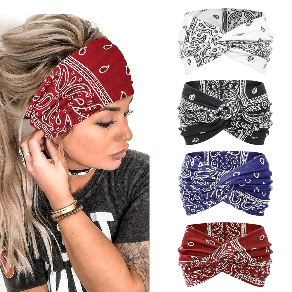 AKTVSHOW front view of four multicolor knotted headbands showing prints and width, stylish hold