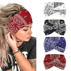 AKTVSHOW front view of four multicolor knotted headbands showing prints and width, stylish hold