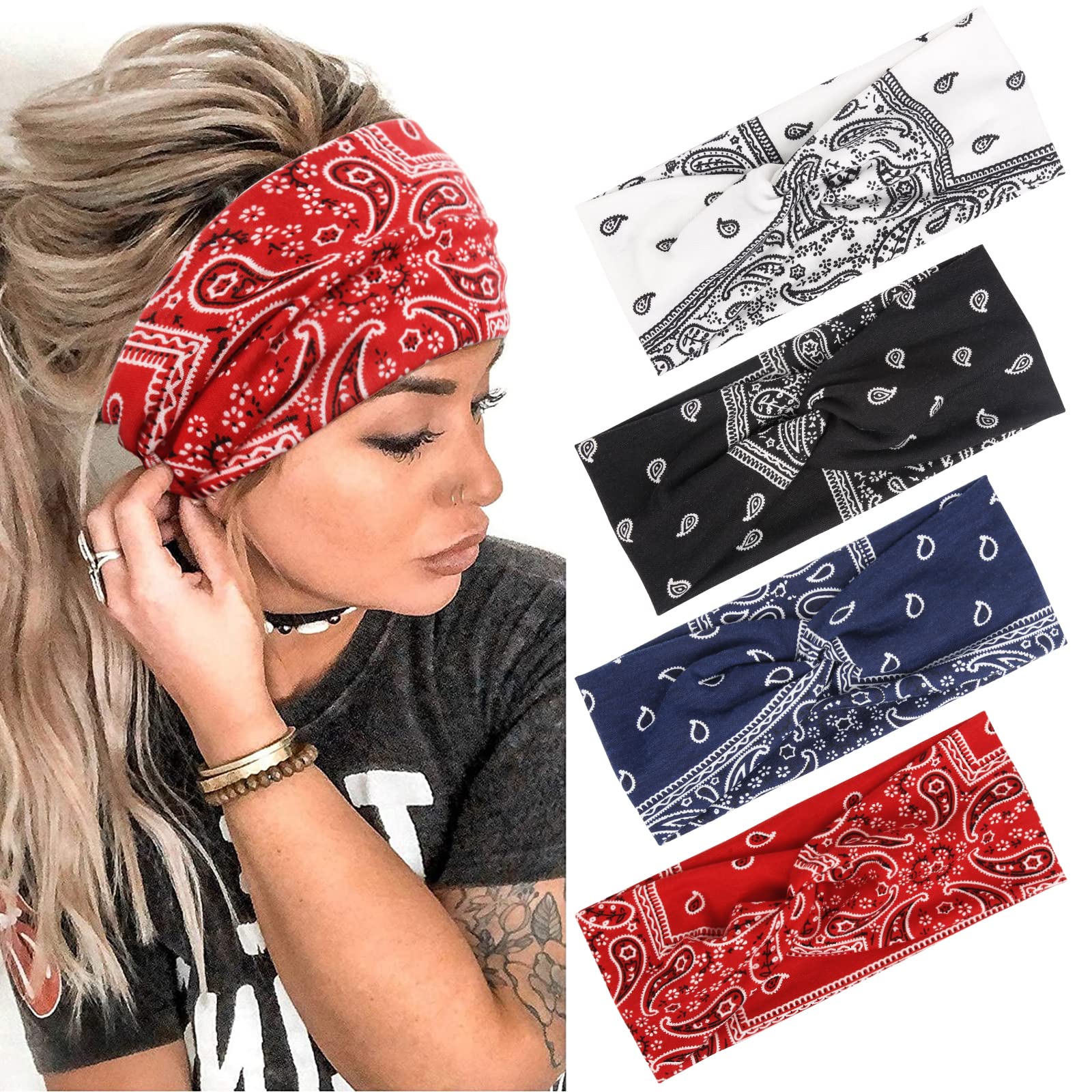 AKTVSHOW front view of 4-pack headbands showing colorful prints and packaging benefits