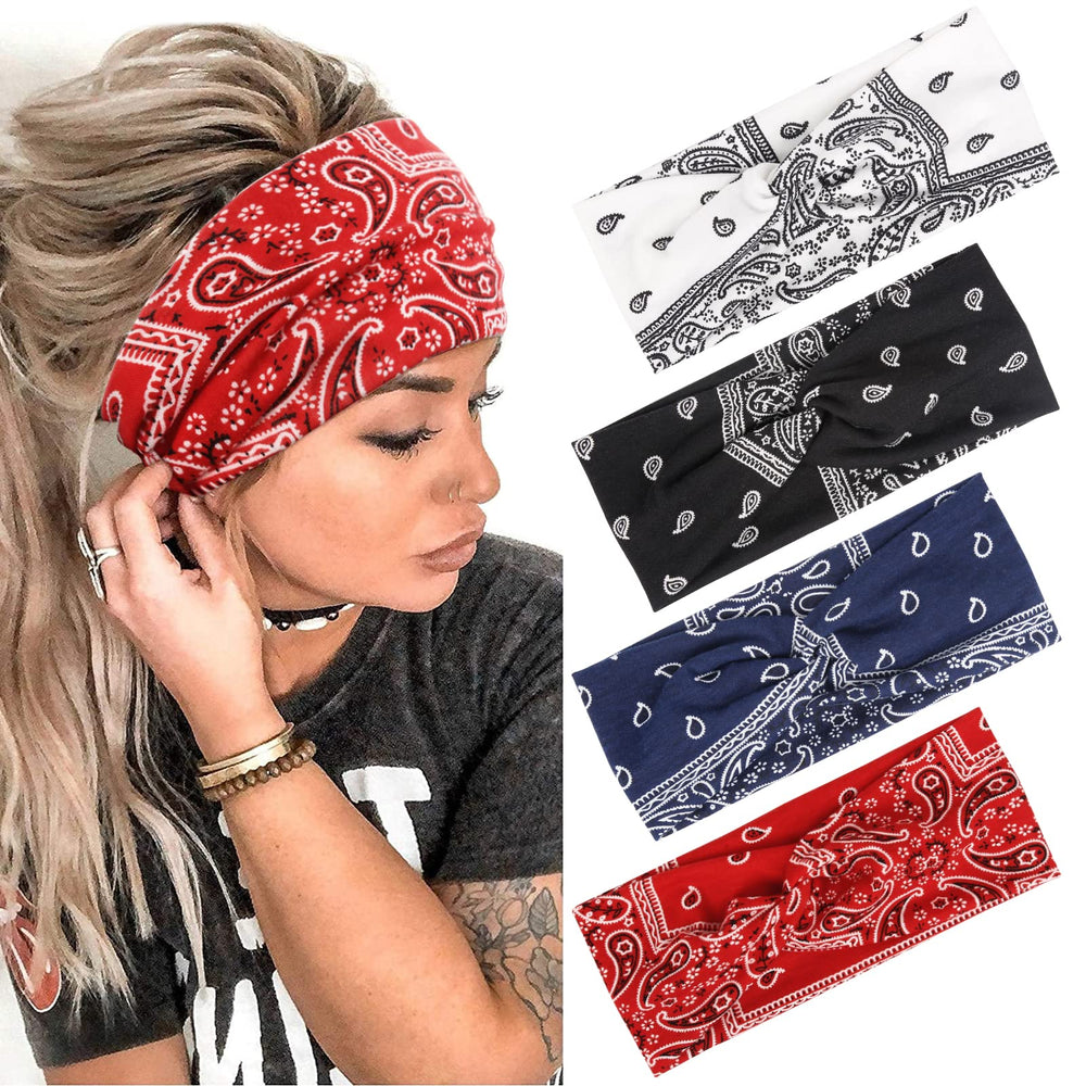 AKTVSHOW front view of 4-pack headbands showing colorful prints and packaging benefits