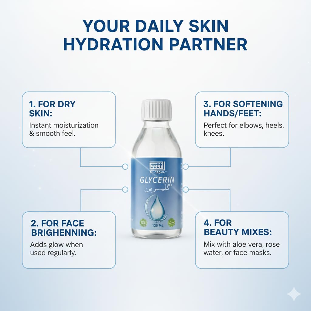 AL-TAQWA glycerine on hand showing amount and scale for everyday use convenience