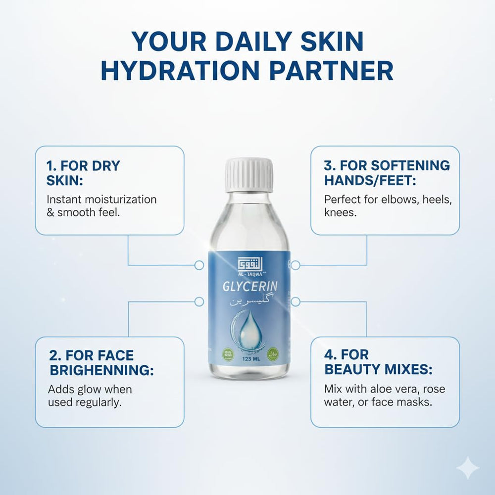 AL-TAQWA glycerine on hand showing amount and scale for everyday use convenience