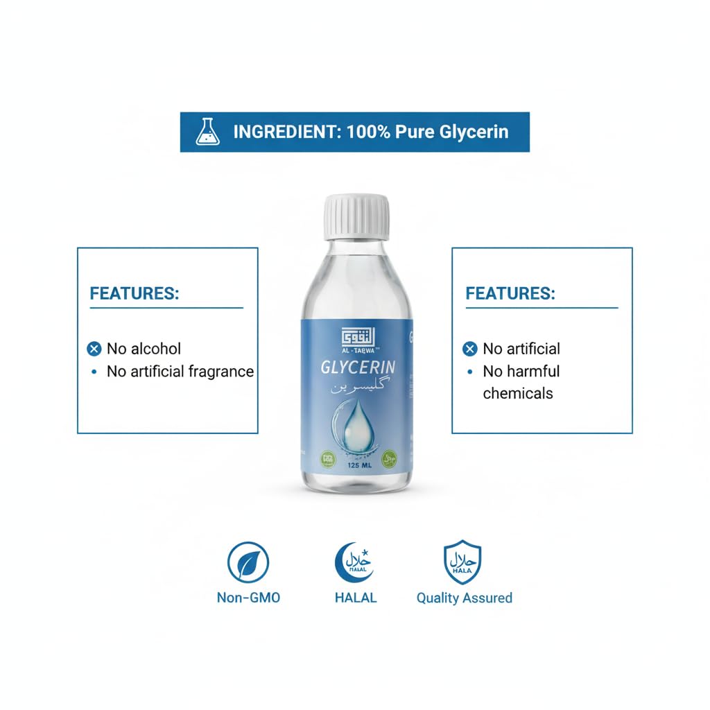 AL-TAQWA pouring glycerine demonstrating smooth viscosity and easy dispensing benefit