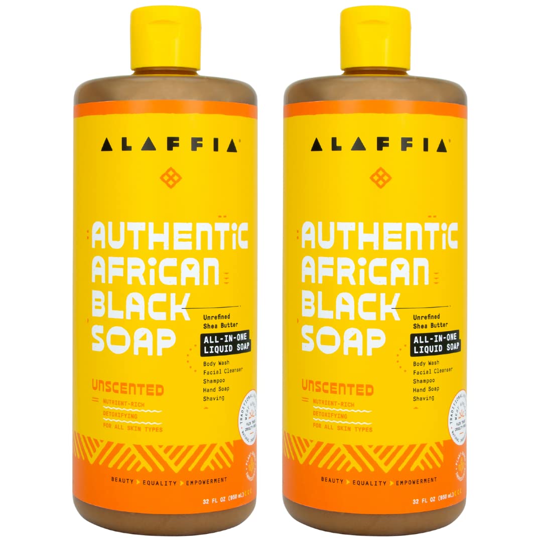 Alaffia front packaging showing two 32 oz bottles and product benefits