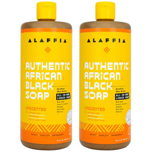 Alaffia front packaging showing two 32 oz bottles and product benefits