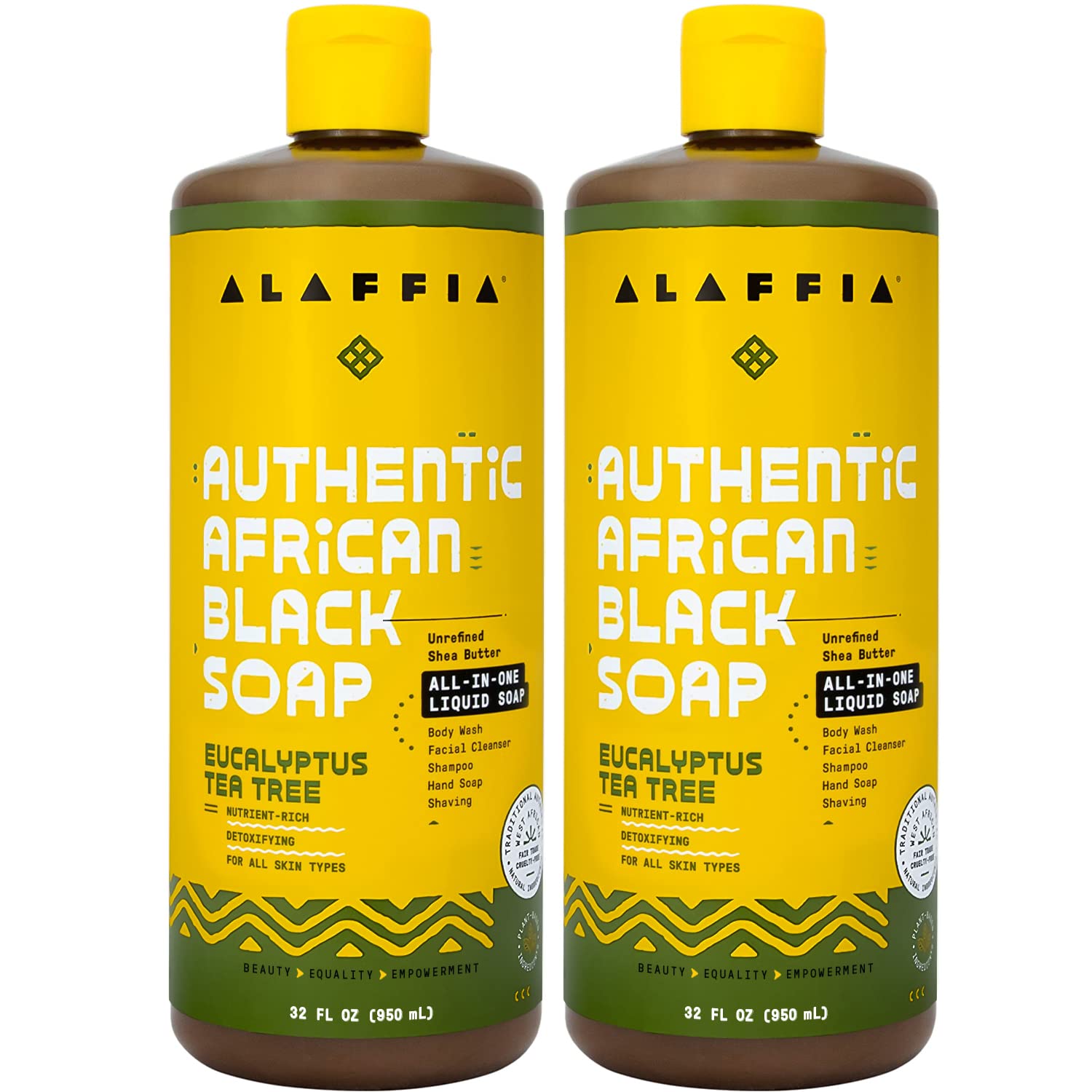 Alaffia front packaging showing two 32 oz bottles and product benefit