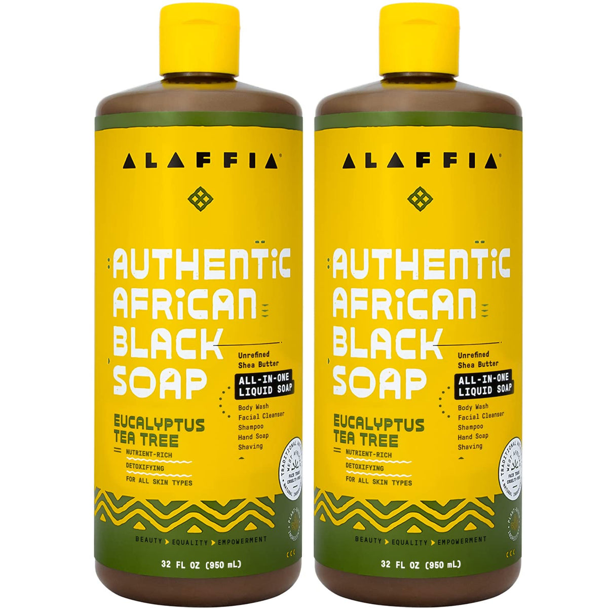 Alaffia front packaging showing two 32 oz bottles and product benefit