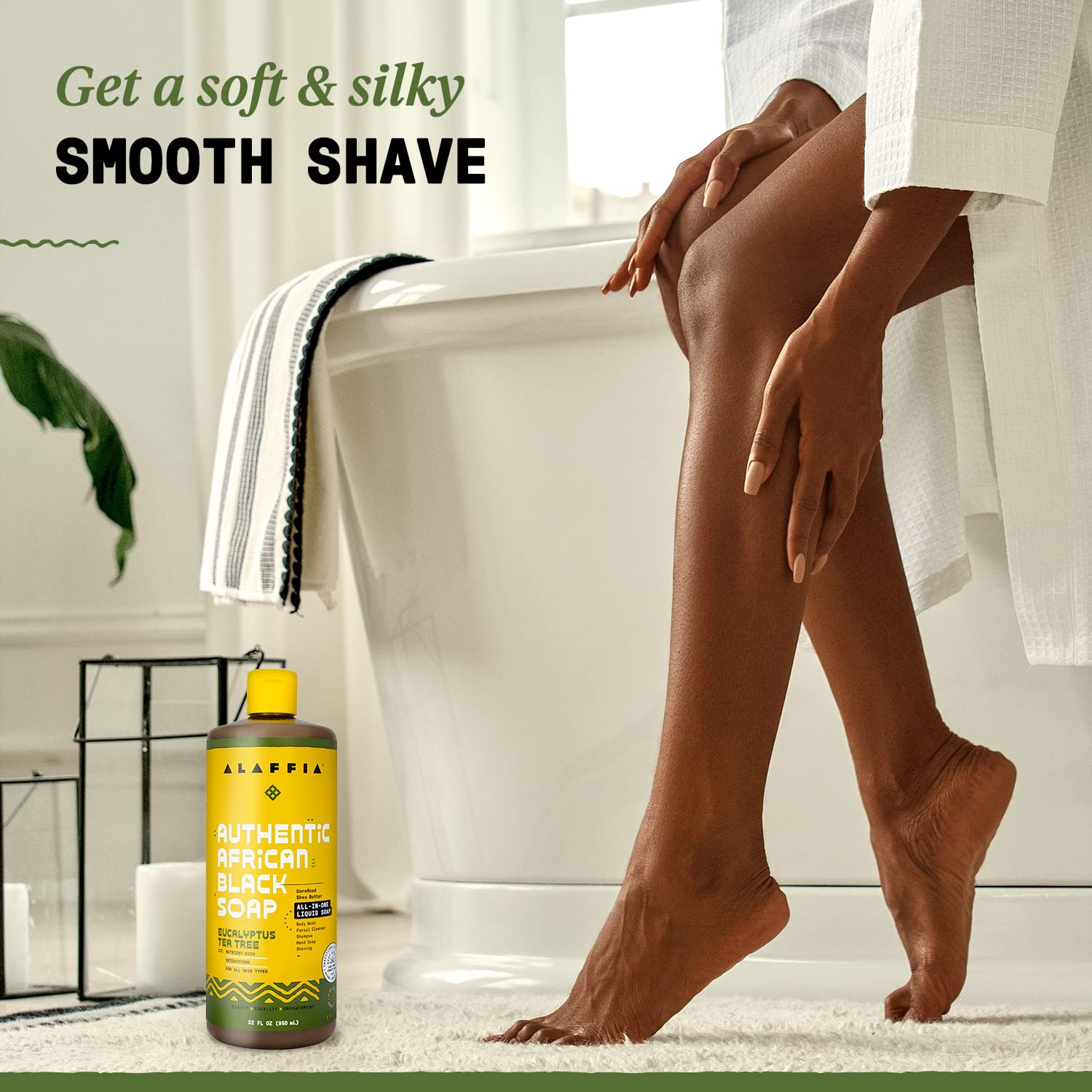 Alaffia bottle on shower shelf in lifestyle scene for daily routine
