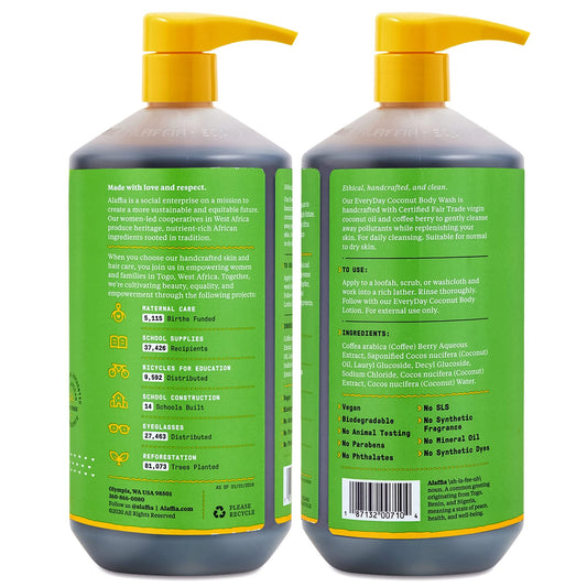 Alaffia pump dispensing body wash showing easy application benefit