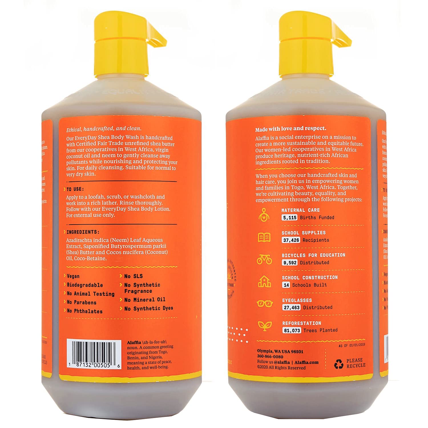 Alaffia back label with ingredients list highlighting clean formulation benefit