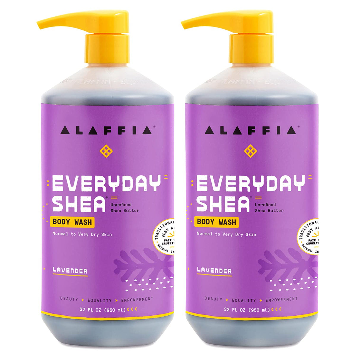 Alaffia front packaging showing two 32 oz bottles and product benefits