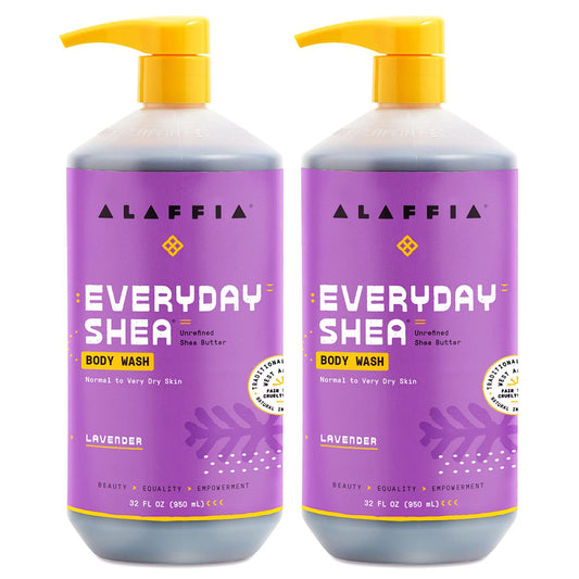 Alaffia front packaging showing two 32 oz bottles and product benefits