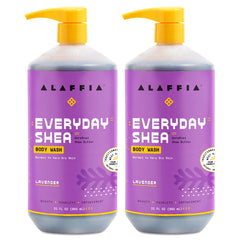 Alaffia front packaging showing two 32 oz bottles and product benefits