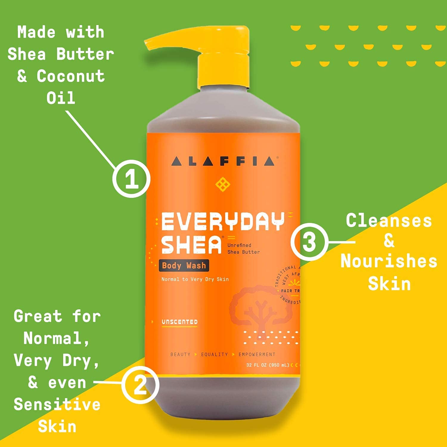 Alaffia creamy body wash in hand showing smooth texture and moisturizing benefit