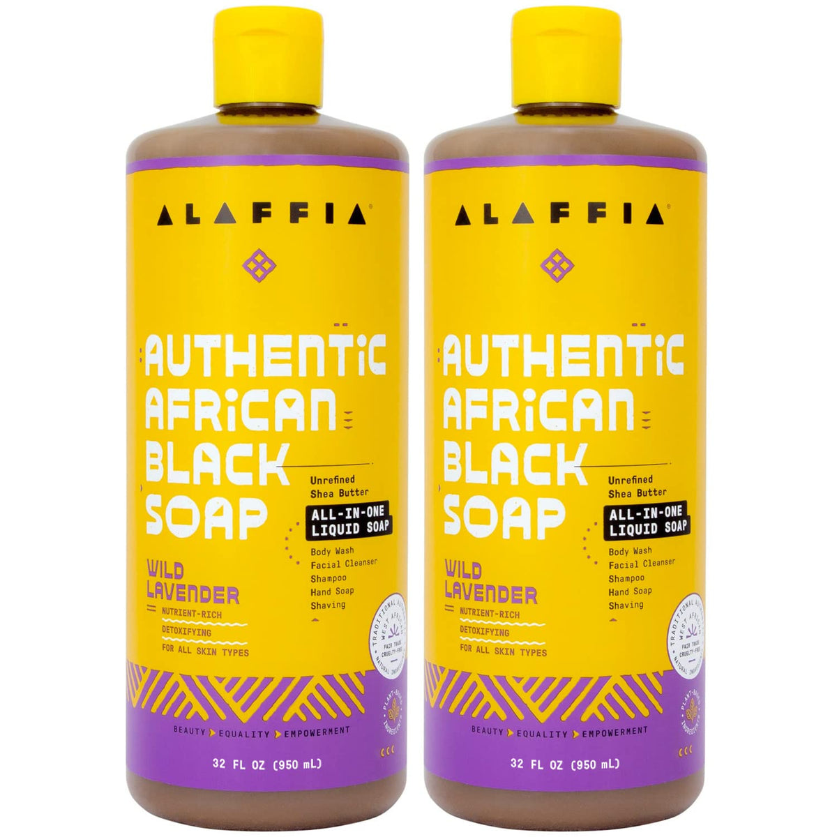 Alaffia front packaging showing wild lavender scent and 32 oz size benefits