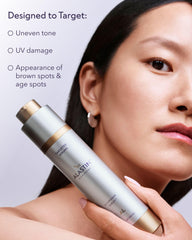 ALASTIN Skincare bottle in hand showing 1.7 oz size and travel-friendly scale