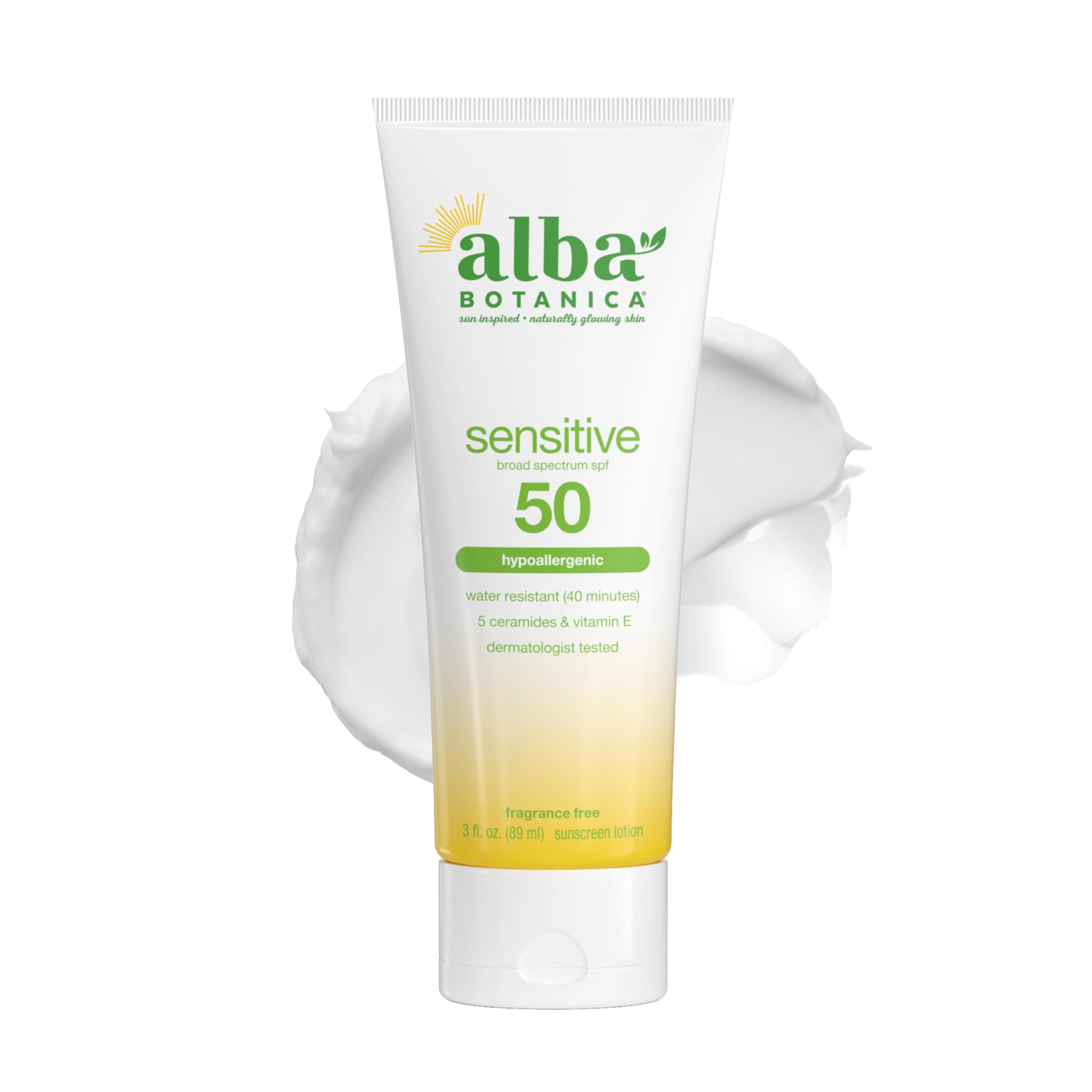Alba Botanica front packaging 3oz showing SPF 50 protection and travel convenience