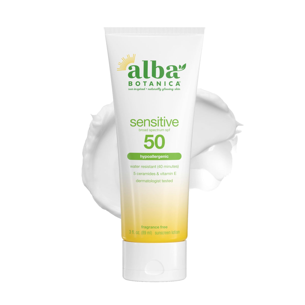 Alba Botanica front packaging 3oz showing SPF 50 protection and travel convenience