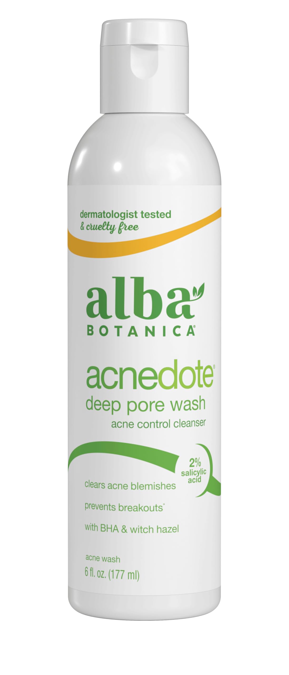 Alba Botanica front packaging showing bottle and label, clear ingredient benefit