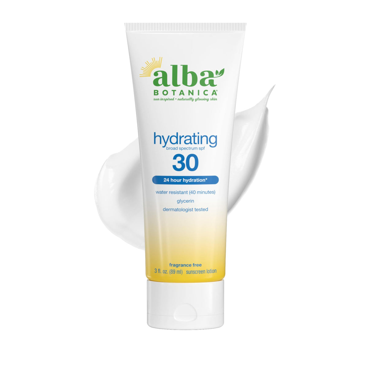 Alba Botanica front packaging showing SPF 30 protection and fragrance-free benefit
