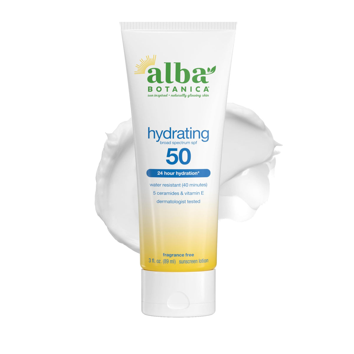 Alba Botanica front packaging showing SPF 50 protection and fragrance-free benefit